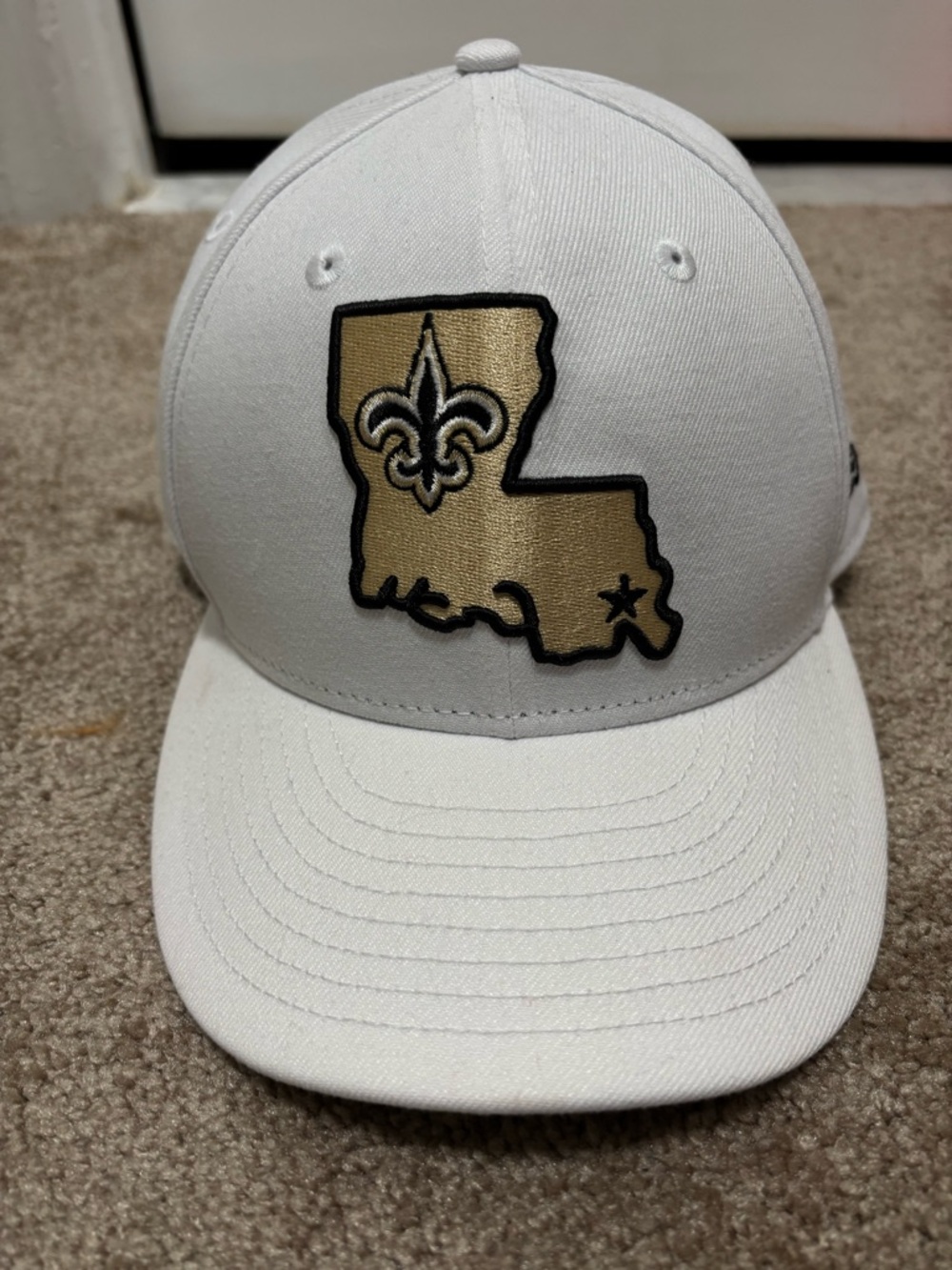 White Baseball Cap with Gold Louisiana Fleur-de-Lis Patch 7 3/8